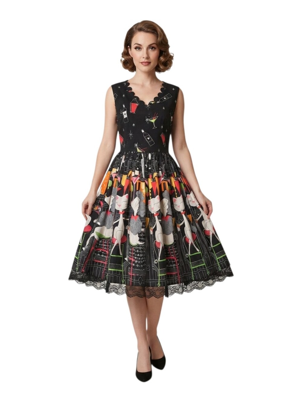 Lindy Bop Size 10 Black Cocktail Cat Print Rockabilly Swing Dress Scalloped